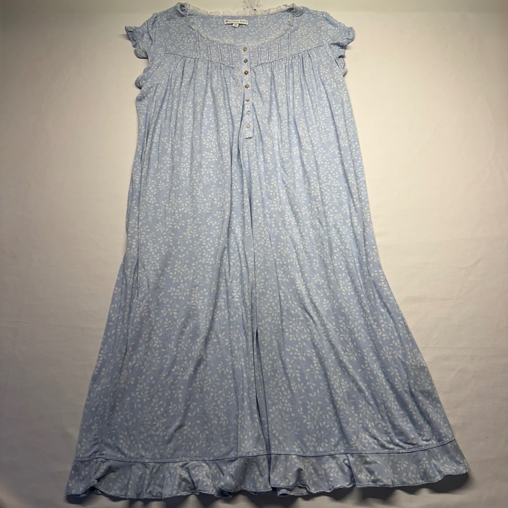 Eileen West Nightgown M Blue Floral Womens Cotton Lace Ruffle 43"in Sleep Dress